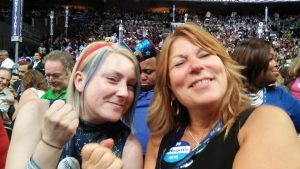 Anna Payne and State Rep. Tina Davis on the DNC floor.  Credit: Tom Sofield/LevittownNow.com