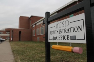 A photo of a sign pointing to the entrance of the Bristol Township School District administration offices. Credit: Tom Sofield/LevittownNow.com
