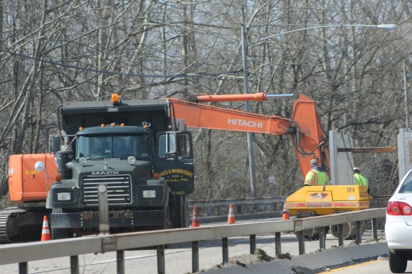 Crews working along Route 13 in Tullytown Borough on Wednesday afternoon. Credit: Tom Sofield/LevittownNow.com