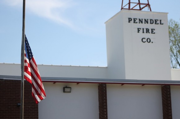 The American flag was lowered to half-staff outside the Penndel Fire Company on Wednesday. President Obama on Tuesday ordered American flags at the White House and all other public buildings set to half-staff until sunset on April 20. Credit: Tom Sofield/LevittownNow.com 