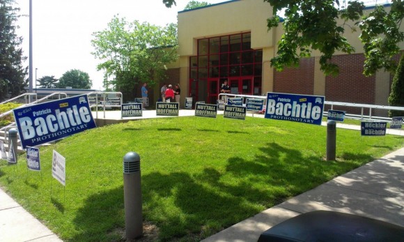 Election signs outside Neshaminy High School on Tuesday in Middletown. Credit: Tom Sofield/LevittownNow.com