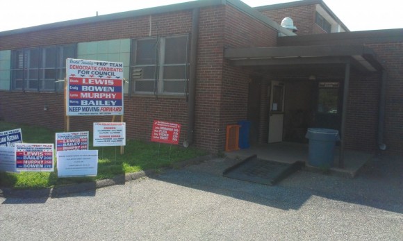 Signs greeted voters outside James Buchanan Elementary School in Bristol Township. Credit: Tom Sofield/LevittownNow.com