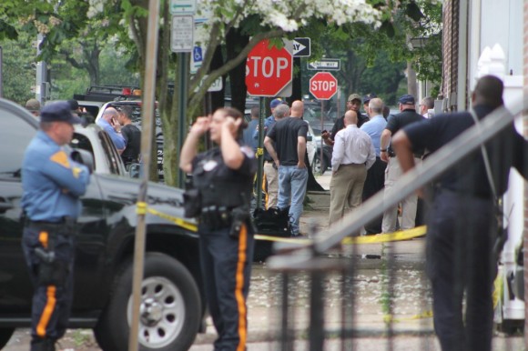 Police at the staging area near the scene.  Credit: Tom Sofield/LevittownNow.com