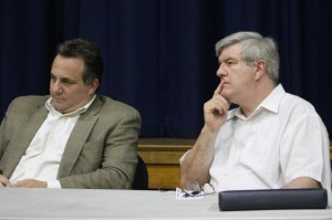 Board members Mark Shubin and Richie Webb listen to residents on Monday evening. Credit: Tom Sofield/LevittownNow.com