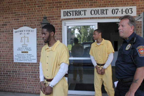 Daesean Smith and Dennis Redding being lead out of District Court in Bristol Township on Wednesday.  Credit: Tom Sofield/LevittownNow.com