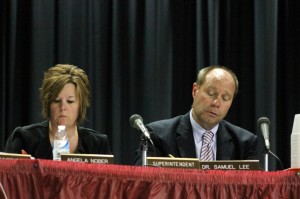 Board President Angela Nober and Superintendent Dr. Samuel Lee at the meeting. Credit: Tom Sofield/LevittownNow.com
