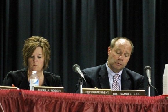 Board President Angela Nober and Superintendent Dr. Samuel Lee at the meeting. Credit: Tom Sofield/LevittownNow.com