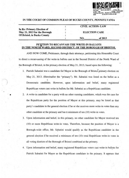 Copy of Civil Suit Filed in the Bucks Court of Common Pleas against the county elections board 