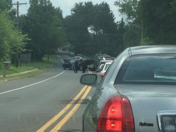 Facebook user DaniLynn Repo posted an image of a Thursday afternoon accident that tied up traffic on Bristol Oxford Valley Road in the area of Cobalt Ridge Drive in Middletown Township. Credit: DaniLynn Repo/Facebook