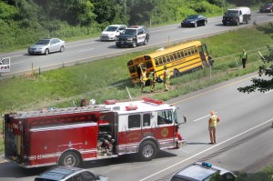 Emergency crews on-scene of the bus accident Monday afternoon. Credit: Tom Sofield/LevittownNow.com