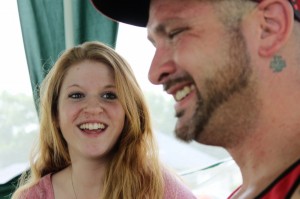 Church members Amanda Graf speaks with Chris Roehm.