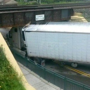 Tractor trailer wedged under over pass on Cedar St in Croydon  Credit:: Doyle Cameroon