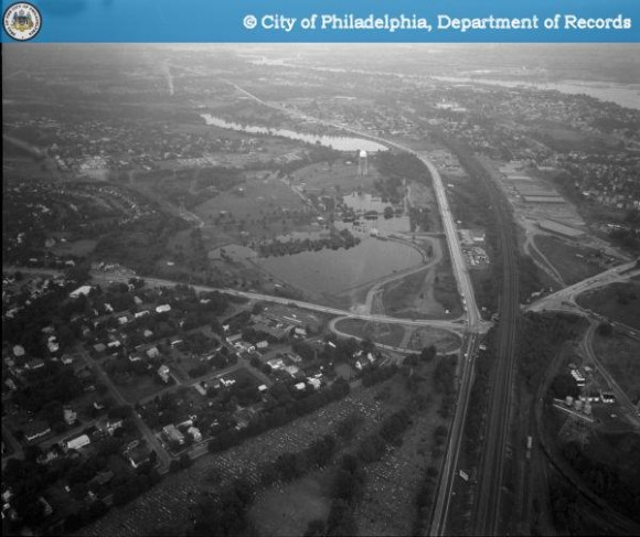 An image taken from the Goodyear blimp on September 1, 1971 shows an overhead view of the intersection of Route 13 and Veterans Highway (Route 413.) Credit: PhillyHistory.org