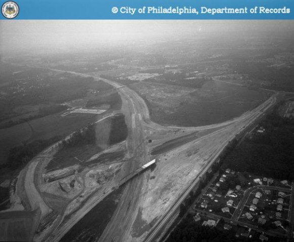 Another photo from the blimp taken of September 1, 1979 shows work on the I-95 and Veterans Highway (Route 413) interchange in Bristol Township. Credit: PhillyHistory.org/City of Philadelphia