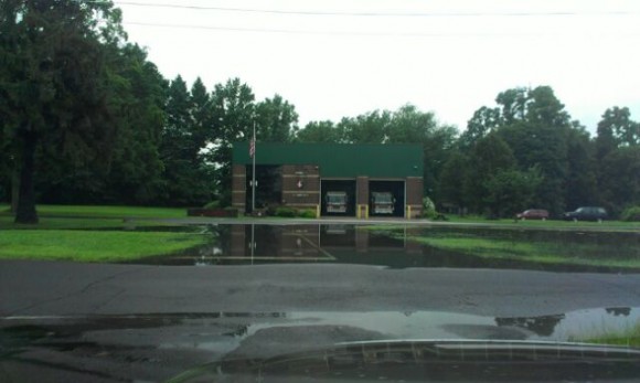 Flooding in front of the Levittown Fire Company #2 station in Bristol Township. Credit: Tom Sofield/LevittownNow.com