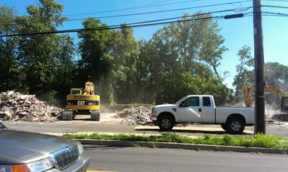Crews tore down two structures this week at the corner of New Falls Road and Durham Road in Middletown Township. Credit: Tom Sofield/LevittownNow.com