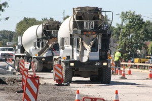 Concrete trucks lined up to deliver their load. Credit: Tom Sofield/LevittownNow.com