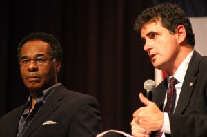 Missouri Congressman Emanuel Cleaver (MO-5) and Congressman Mike Fitzpatrick (PA -8) speaking to students in Middletown on Monday. Credit: Tom Sofield/LevittownNow.co