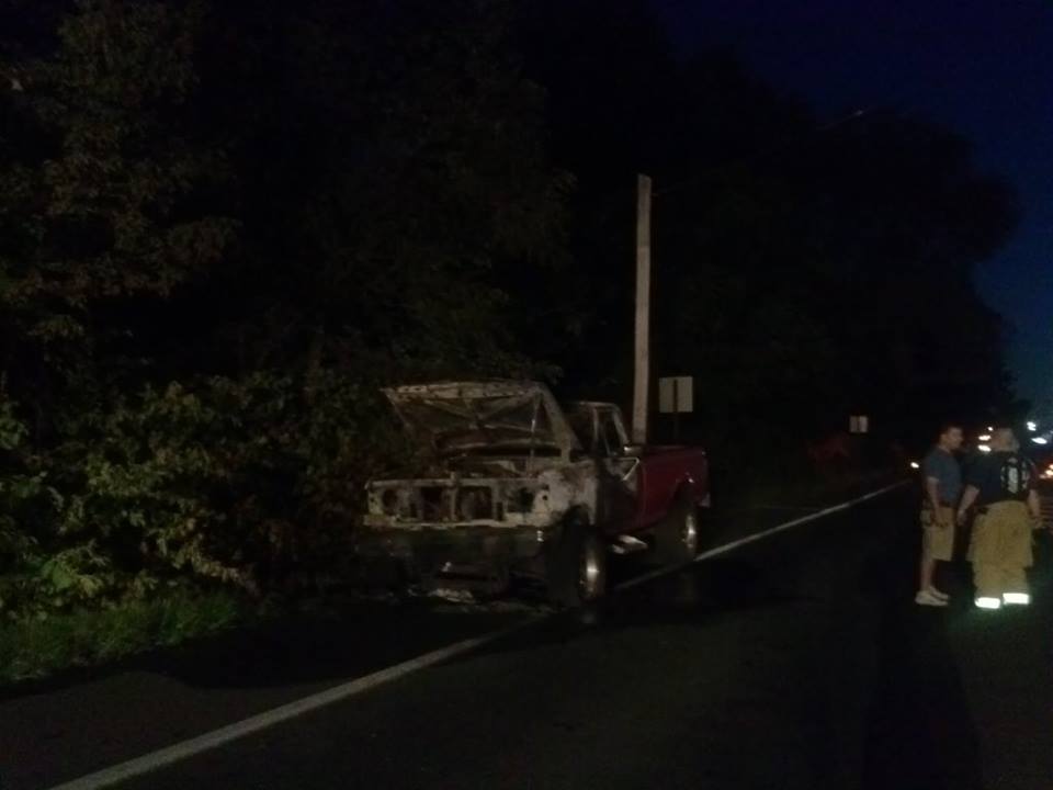 Fire Engulfs Cab of Pickup Along New Falls Road