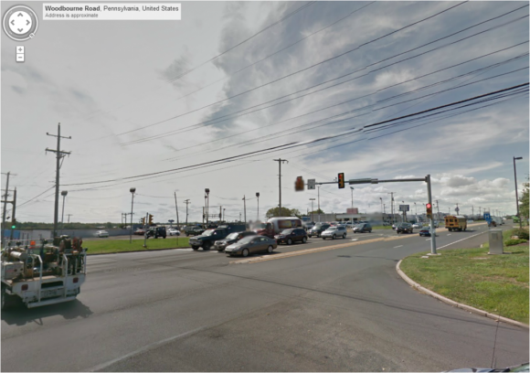 The parking lot of the Woodbourne Square Shopping Center at the intersection of Maple Avenue and Woodbourne Road provides a overlook toward the southeast. Credit: Google Street View
