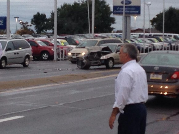 An image shows a reported vehicle crash on East Lincoln Highway in Middletown Monday evening. The accident happened just before the intersection of Woodbourne Road. LevittownNow.com has no word on injures or a cause. Credit: Bev  Walton/Submitted