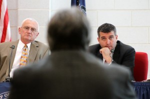 State Reprisenatives Gene DiGirolamo and Frank Farry listen to testimony from a Falls Township halfway house operator. Credit: Tom Sofield/LevittownNow.com
