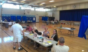Election workers and judges at  Eleanor Roosevelt Elementary School in Falls Township on Primary Day  Credit: Tom Sofield/LevittownNow.com