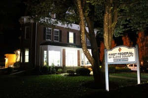 Langhorne Manor Police on scene at Bucks County First Federal Bank Friday night. Credit: Tom Sofield/LevittownNow.com