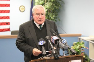 District Attorney David Heckler announcing the arrest Friday night.  Credit: Tom Sofield/LevittownNow.com