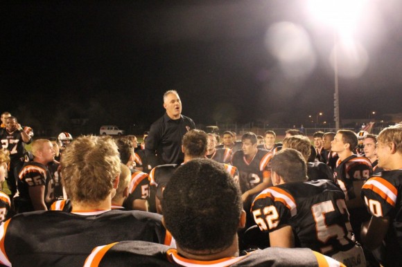 Falcon's coach Galen Snyder speaks with his players. Credit: Tom Sofield/LevittownNow.com