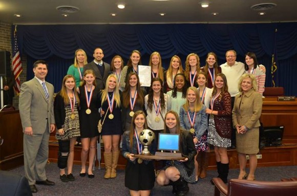 The Bucks County Commissiors pose with the Neshaminy High School girls soccer players who won the state championship recently. The girls bested the Spring-Ford girls soccer team Hersheypark Stadium. Credit: County of Bucks