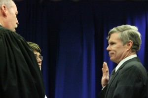 Ron Rudy being sworn in by District Judge John Waltman. Credit: Tom Sofield/LevittownNow.com