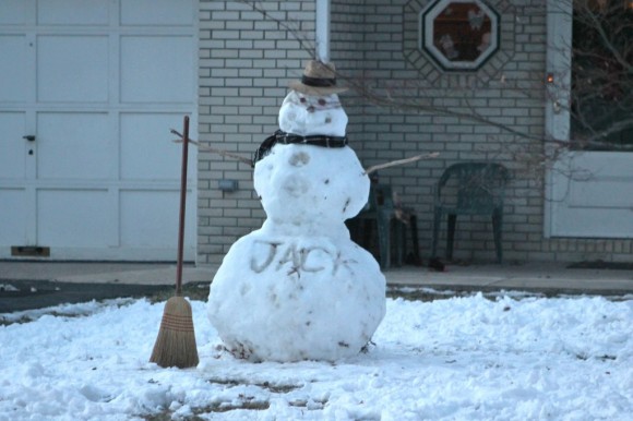 A snow man last week in the front yard of a Langhorne Manor home.  Credit: Tom Sofield/LevittownNow.com