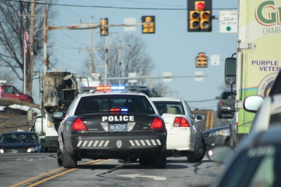 A Middletown police car at the scene of a minor accident at the intersection of Woodbourne Road and east Lincoln Highway around 1 p.m. on Wednesday. The accident was clear a short time later. Credit: Tom Sofield/LevittownNow.com