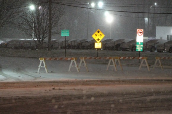 Flowers Mill Road in Middletown was closed between Maple Avenue (Route 213) and East Lincoln Highway due to conditions Thursday night. Credit: Tom Sofield/LevittownNow.com