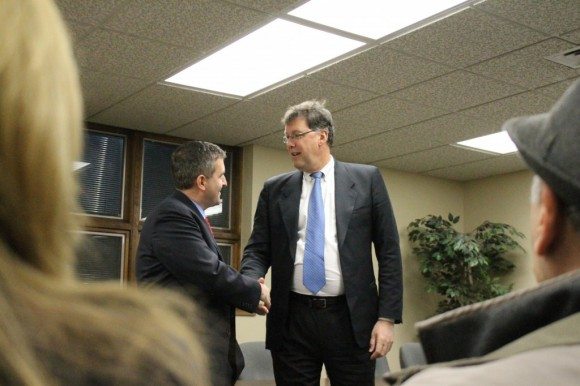 State Rep. Frank Farry shakes hands with State Rep. Scott Petri Wednesday evening in Upper Southampton. Credit: Tom Sofield/LevittownNow.com