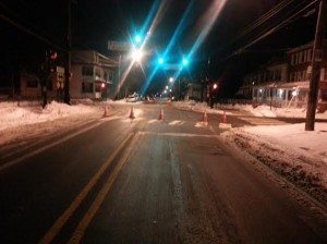 While first responder battled the fire access to Bath St was closed off. Credit: Jeff Bohen LevittownNow.com