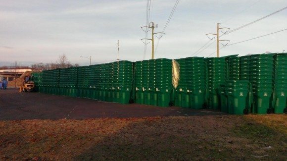 Township Recycling Coordinator Scott Swichar told LevittownNow.com roughly 9,000 carts have been delivered so far to township residents, which equals about 25 percent of the carts that need to be passed out. The new carts are to be used by residents as soon as you receive them. Old plastic trash containers can be recycled, just be sure to denote it at the curb.  Credit: Tom Sofield/LevittownNow.com 