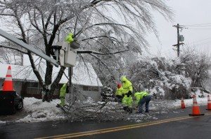 Falls Township crews remove a fallen tree limb from Vermillion Way in Levittown. Credit: Tom Sofield/LevittownNow.com