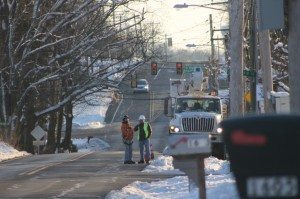 Crews from the midwest working on utility lines along Old Lincoln Highway in Middletown Thursday. Credit: Tom Sofield/LevittownNow.com