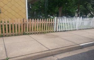 The fence on that two dogs allegedly busted through on Tuesday afternoon in the attack of a small dog  and injuring one woman.  Credit: Jeff Bohen  LevittownNow.com 
