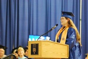 Student speaker Julia Peoples reminded Bucks County Community College’s of 2014 that “you have so much to gain by taking the smallest chances.” She addressed graduates at the college’s 48th annual commencement ceremony Thursday May 22. Credit: Bucks County Community College