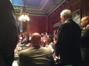 Lawmakers and lobbyists pack the state Senate Rules Room last month for an appropriations meeting that was scheduled to include liquor reform. The room fills up fast during important meetings, meaning some people can be left on the outside looking in. Credit:  PAIndependent.com