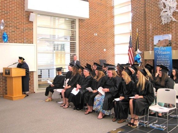 Stephanie Shanblatt, Ph.D., president of Bucks County Community College, delivers the keynote speech at a GED graduation ceremony June 19 at the Lower Bucks Campus in Bristol. Thirty-four students from the college’s Adult Basic Literacy Education (ABLE) program were recognized, along with 30 students from the Bucks County Youth Center’s GED program. For more information on free GED test preparation classes at Bucks, call 215-504-8553. Credit: Bucks County Community College