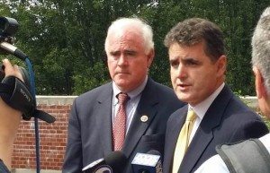 Congressman Mike Fitzpatrick (PA-8) addresses the media outside the Philadelphia VA Regional Office. Credit: Submitted