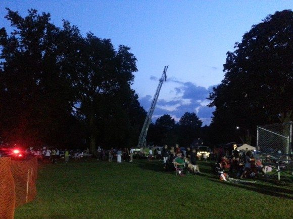 Tuesday night at dusk the ladder from the Morrisville Fire companies seen against the blue sky.  Image Credit: Jeff Bohen LevittownNow.com 