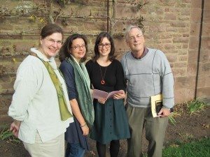 Bucks County Community College Professors Charlie Groth (left) and Christopher Bursk (right), co-directors of the Bucks County Poet Laureate Program, have launched the search for the 2014 bard of the county. The winner will take over from 2013 laureate Alexa Gutter (second from right) of Yardley, shown with 2012 laureate Lara Adams Gaydos (second from left).  Credit: Bucks County Community College