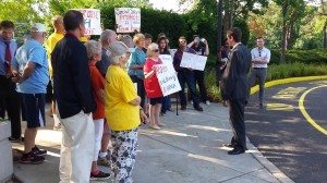 Congressional Candidate Kevin Strouse talks to supporters outside Congressman Mike Fitzpatrick's office in Middletown.  Credit: Erich Martin/LevittownNow.com