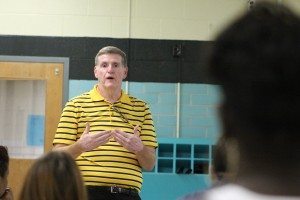 Truman Principal Jim Moore speaking with parents. Credit: Tom Sofield/LevittownNow.com