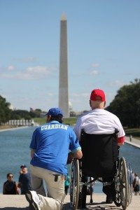 A veterans and Langhorne resident Don, his guardian, sit before the National Mall.  Credit: Tom Sofield/LevittownNow.com